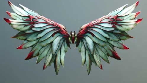 Fantasy Creature Metallic Wings with Iridescent Feathers, Digital Art.