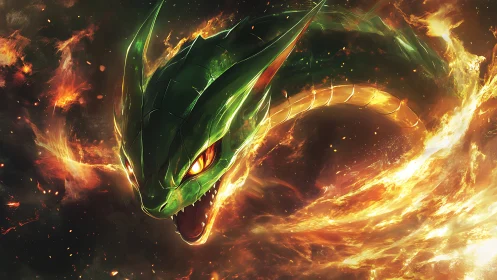 Emerald serpent dragon erupting through swirling solar fire.