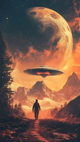 Solitary explorer confronts hovering UFO beneath colossal moon.