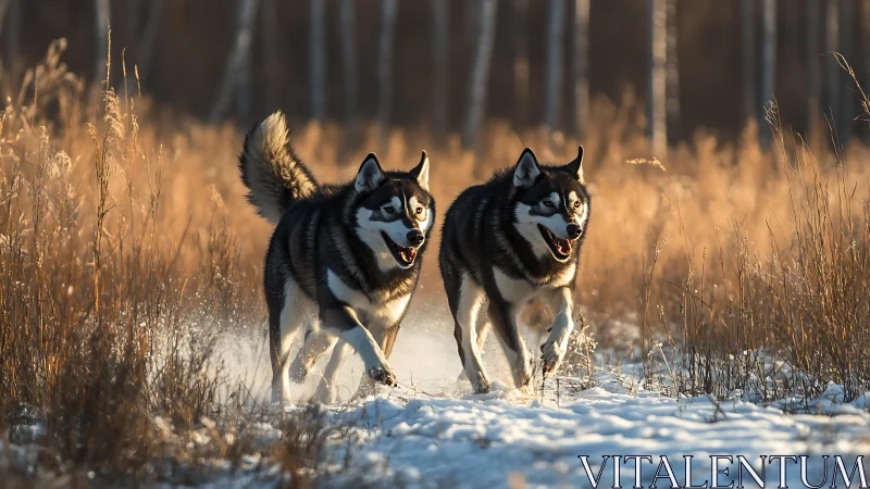 Siberian husky pair charging through golden winter field.