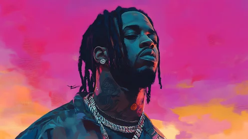 Neon dusk portrait of braided man with chains and tattooed neck