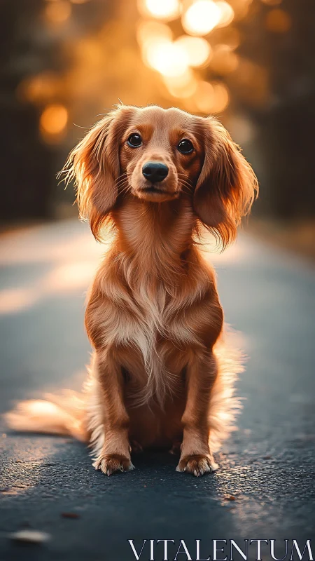 Golden-haired dachshund sits calmly in glowing sunset light