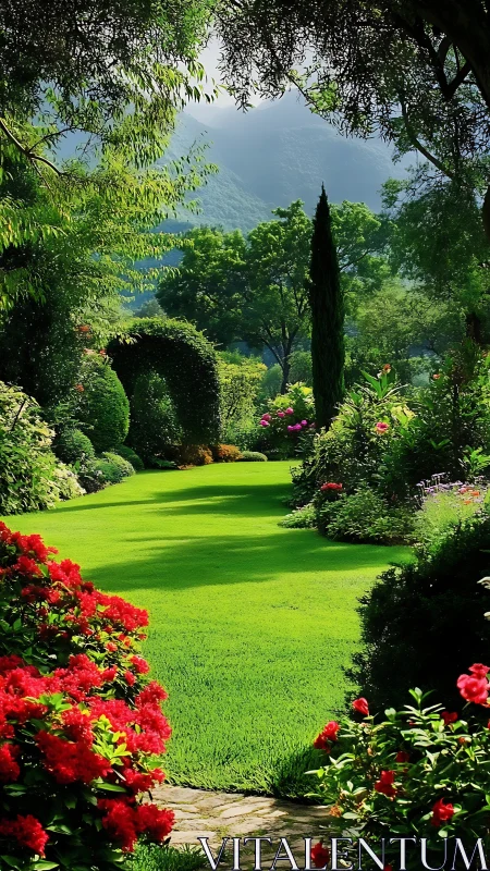 Sunlit garden lawn leads toward misty mountain horizon.