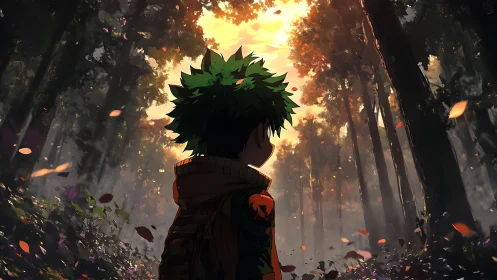 Backlit green-haired youth in cinematic autumn forest scene.