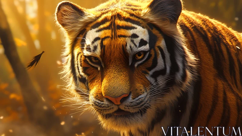 Golden forest tiger walks through warm autumn light