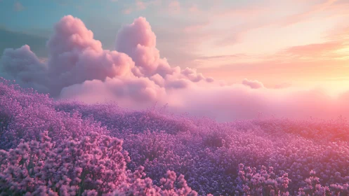 Digital painting of iridescent lavender field at sunrise.