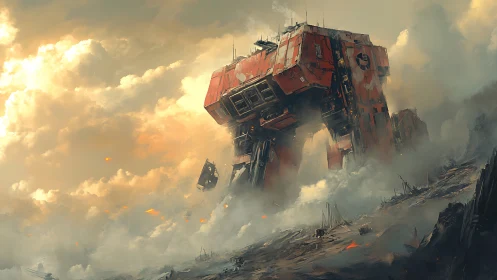Colossal quadruped war-mech emerging through incendiary ash clouds.