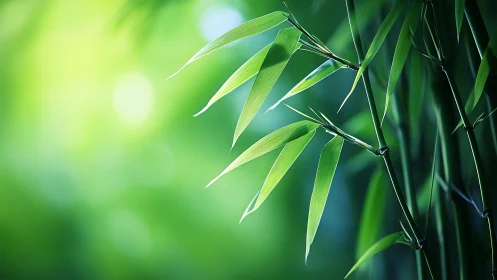 Close-up of bamboo leaves in soft natural light, tranquil style.