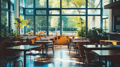 Sunlit modern café interior with panoramic garden windows