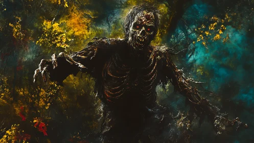 Haunting forest skeleton emerges with eerie glowing eyes.