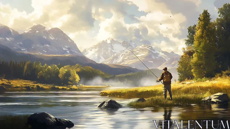 Solitary fly fisherman in golden alpine river landscape.