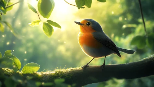 European robin perched on branch in sunlit forest, digital art.