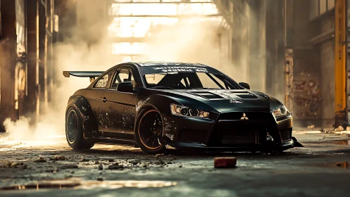 Modified black Mitsubishi race car sits in dusty warehouse