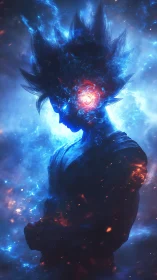 Digital painting profile of cosmic energy-charged warrior figure.