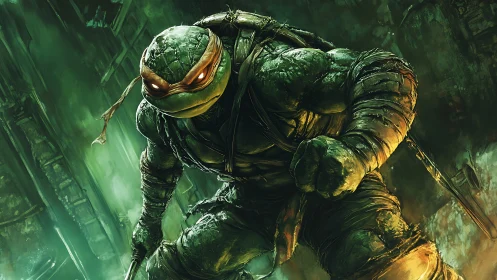 Mutated humanoid turtle crouches in degraded urban tunnel