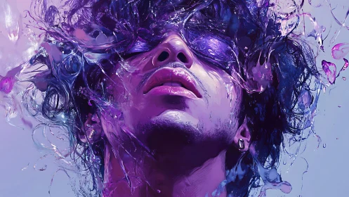 Vivid purple portrait dissolving into liquid abstraction.
