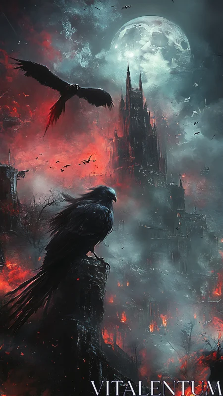Lunar backlit gothic citadel with ravens over pyroclastic ruin.