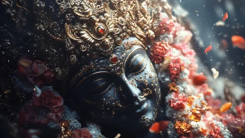Ornate dark deity statue with golden crown and garlands.
