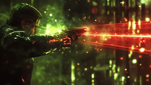 Cybernetic gunman firing neon-red lasers in green haze.