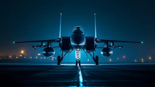 Military jet front view on runway in blue night light.