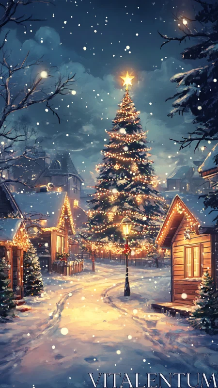 Snowy village glows around a towering Christmas tree at dusk.