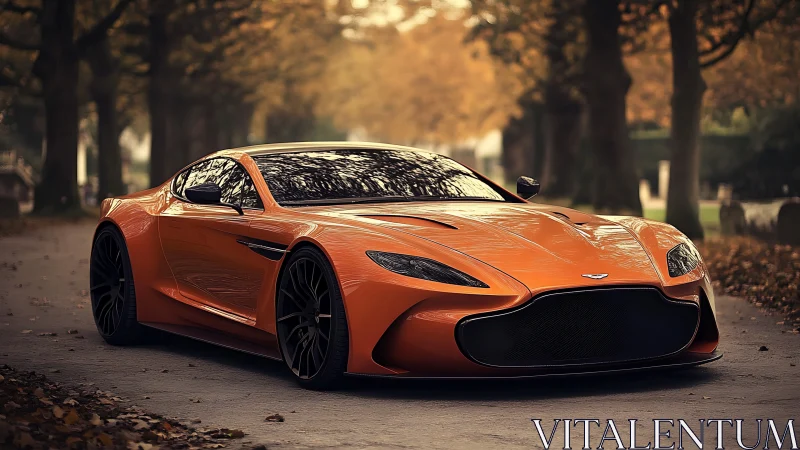 Orange supercar gliding under autumn trees at sunset boulevard.