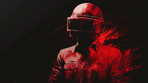 Blood-red visor soldier drifting through digital midnight.