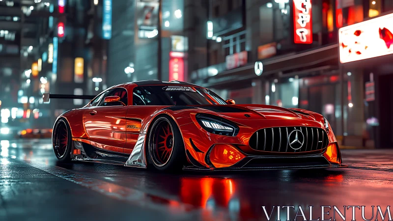 Sleek red sports car glowing under neon city lights.