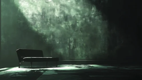 Soft light drifts over a lonely couch in a moody room