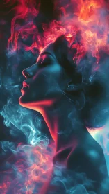 Side profile female portrait with neon smoke and light.