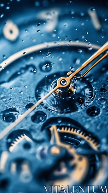 Macro view of mechanical watch movement under water droplets