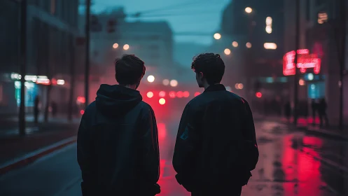 Two figures on wet city street under neon and streetlights.