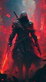 Hooded warrior with dual blades in red abstract environment.