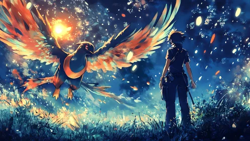 Trainer faces luminous phoenix bird under glowing night sky