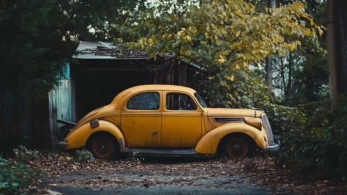 Vintage yellow sedan decays quietly beside foliage-covered shed