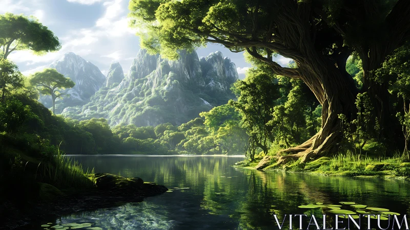 Mountain Sanctuary. Mist-Shrouded Peaks Rising Above Verdant Forest.