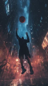 Cyberpunk city basketball jump rendered in moody neon rain
