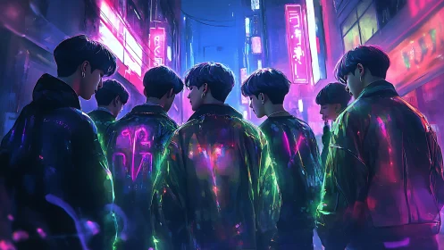 Neon-clad youths converging in electric cyberpunk alleyway.