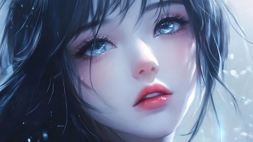 Iridescent anime portrait renders crystalline eyes in closeup