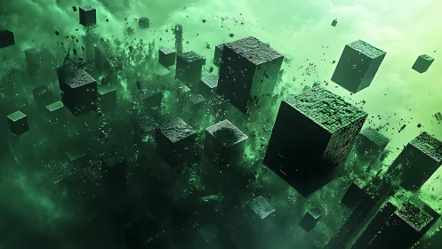 Floating green digital cubes in a fragmented stormy void.
