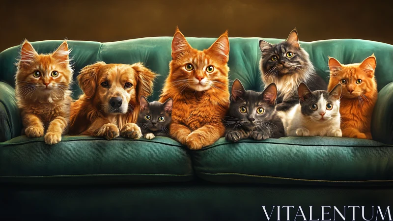 Seven Companions on Green Upholstery: Cats and Dogs Gathered Together.
