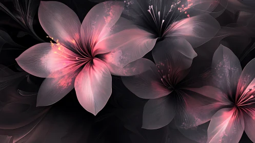 Ethereal Pink Flowers Glowing Against Deep Darkness.