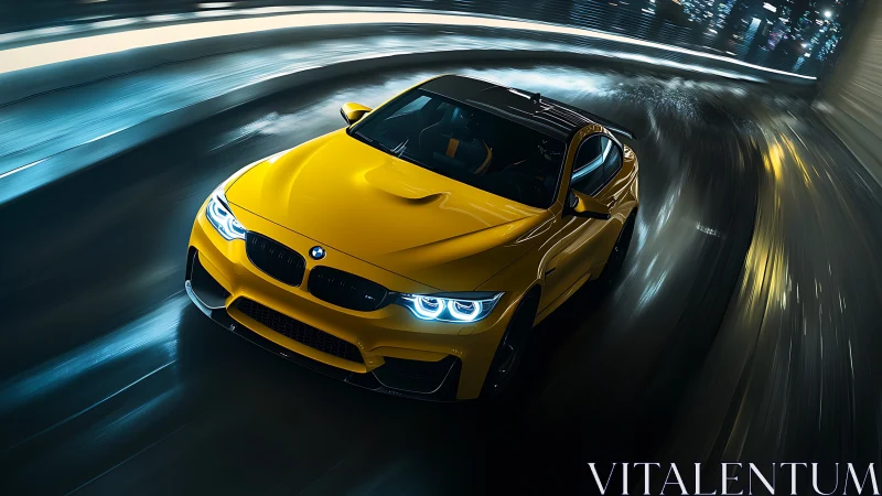 Neon night sprint with a yellow coupe carving liquid light.