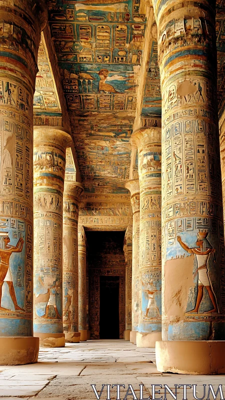 Hypostyle hall with polychrome hieroglyphic columns in temple corridor