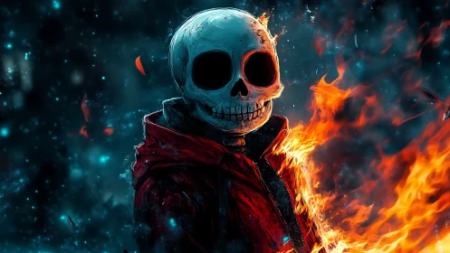 Fiery skull wanderer wrapped in glowing autumn flames.
