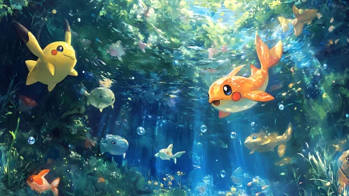 Aquatic forest scene with stylized electric creature and fish