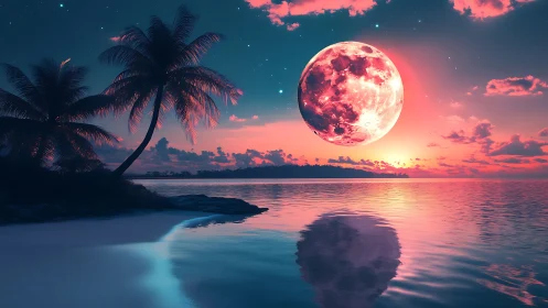 Moonrise Serenade Over Neon Tides And Whispering Palms.