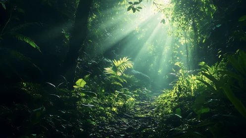 Dense tropical canopy with god rays penetrating layered vegetation architecture