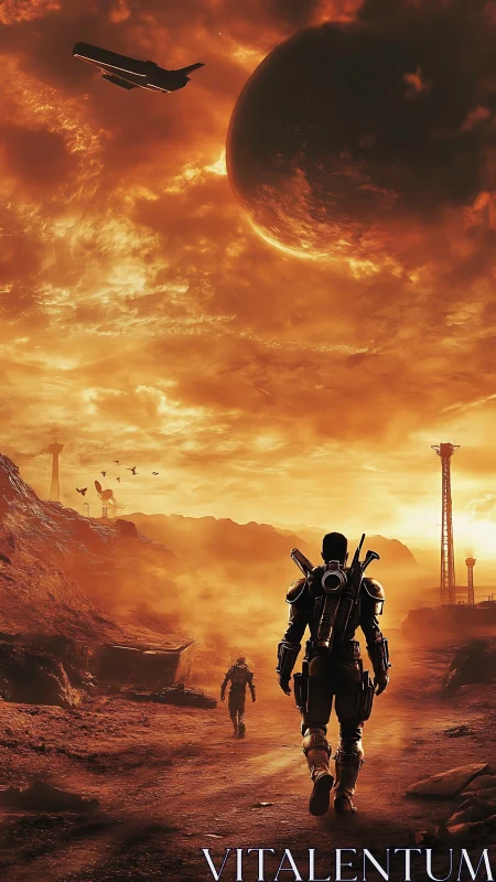 Two space explorers stride into a blazing alien horizon