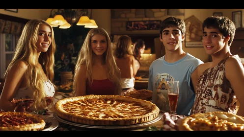 Friends share pizza and smiles in a warm rustic kitchen.